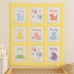 Handmade Baby Quilt – Days of the Week Animals – 36” x 46” – Yellow Gingham